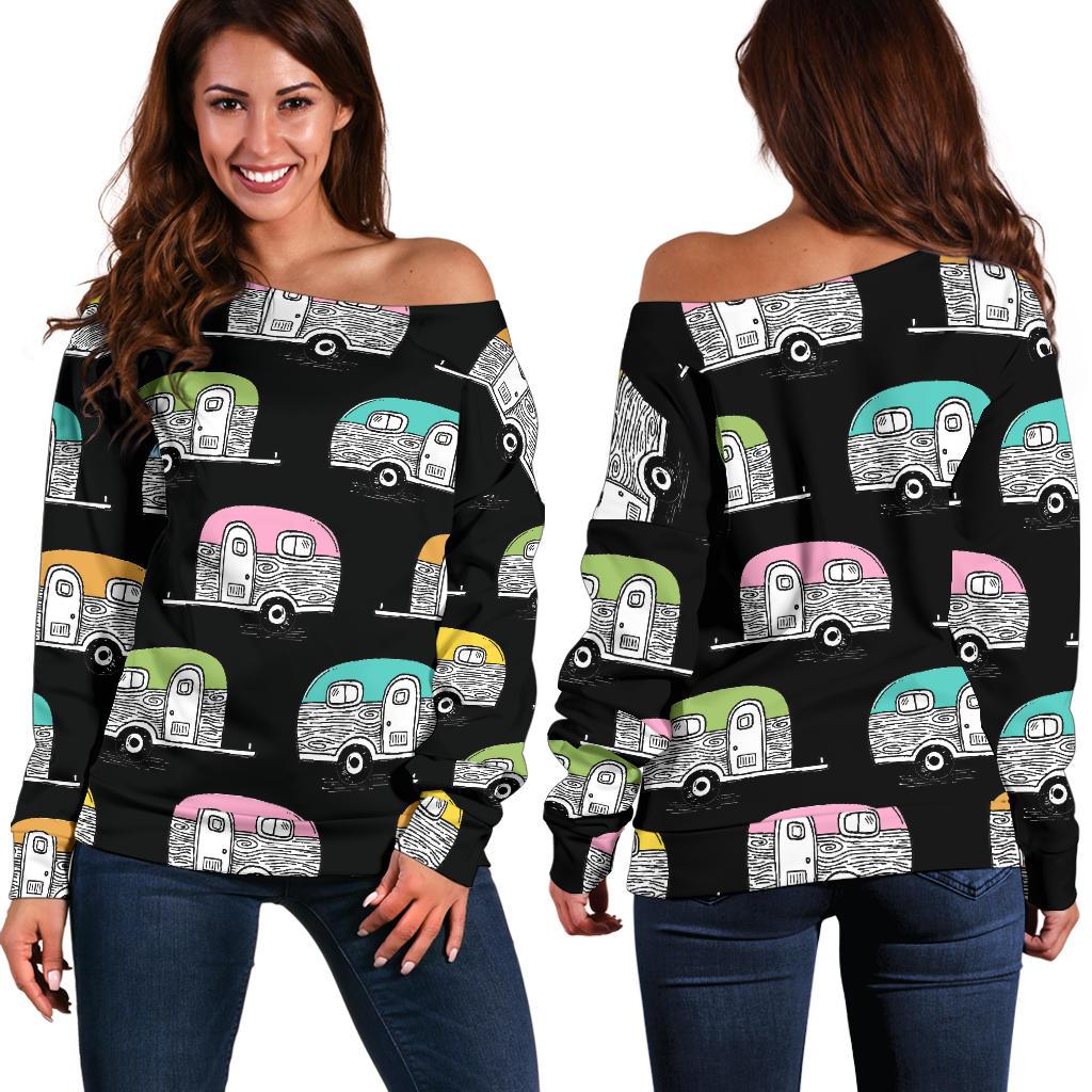 Camper Pattern Camping Themed No 2 Print Off Shoulder Sweatshirt