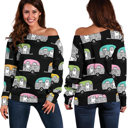 Camper Pattern Camping Themed No 2 Print Off Shoulder Sweatshirt