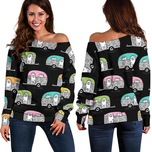 Camper Pattern Camping Themed No 2 Print Off Shoulder Sweatshirt