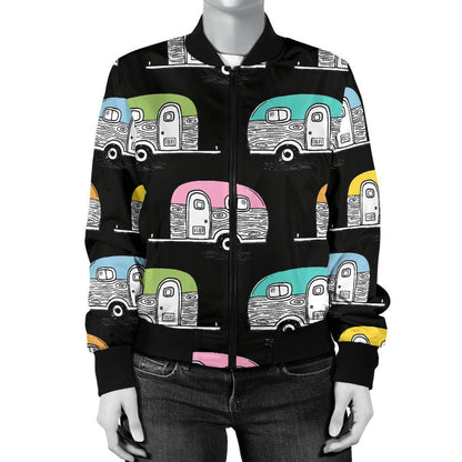 Camper Pattern Camping Themed No 2 Print Women Casual Bomber Jacket