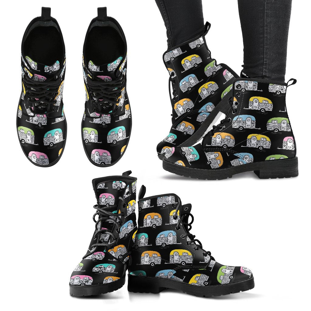 Camper Pattern Camping Themed No 2 Print Women Leather Boots-JTAMIGO.COM