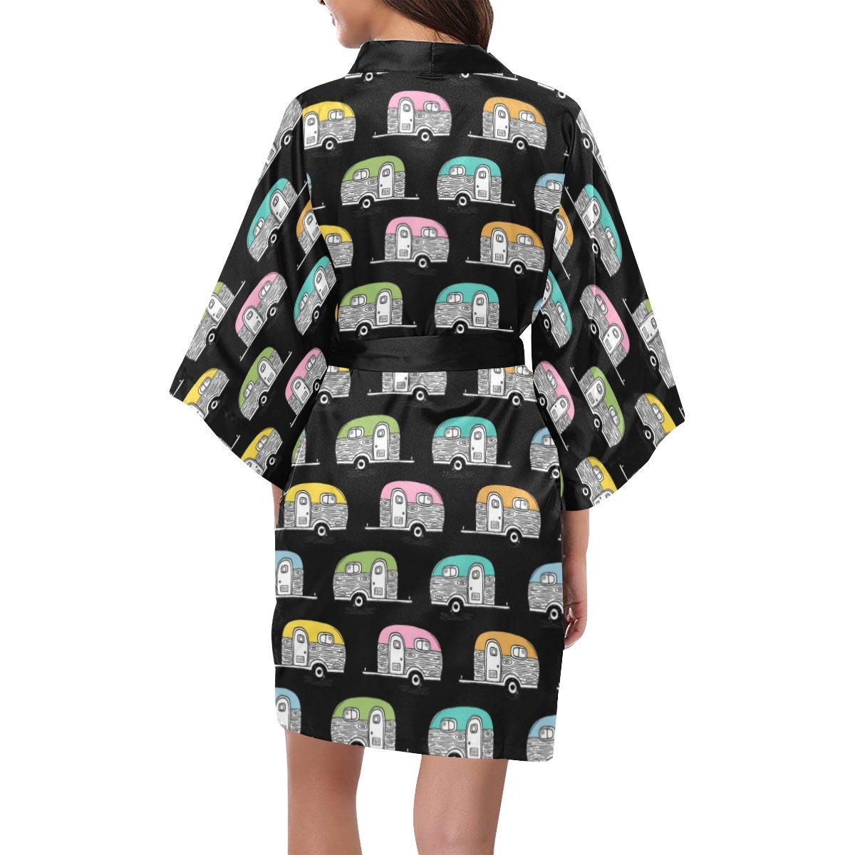 Camper Pattern Camping Themed No 2 Print Women Short Kimono Robe