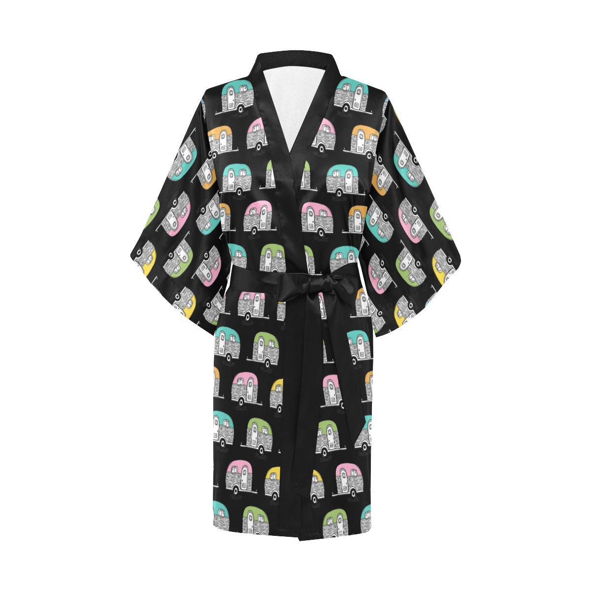 Camper Pattern Camping Themed No 2 Print Women Short Kimono Robe