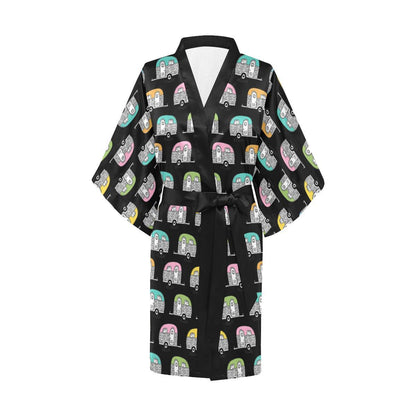 Camper Pattern Camping Themed No 2 Print Women Short Kimono Robe