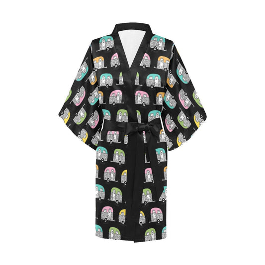 Camper Pattern Camping Themed No 2 Print Women Short Kimono Robe