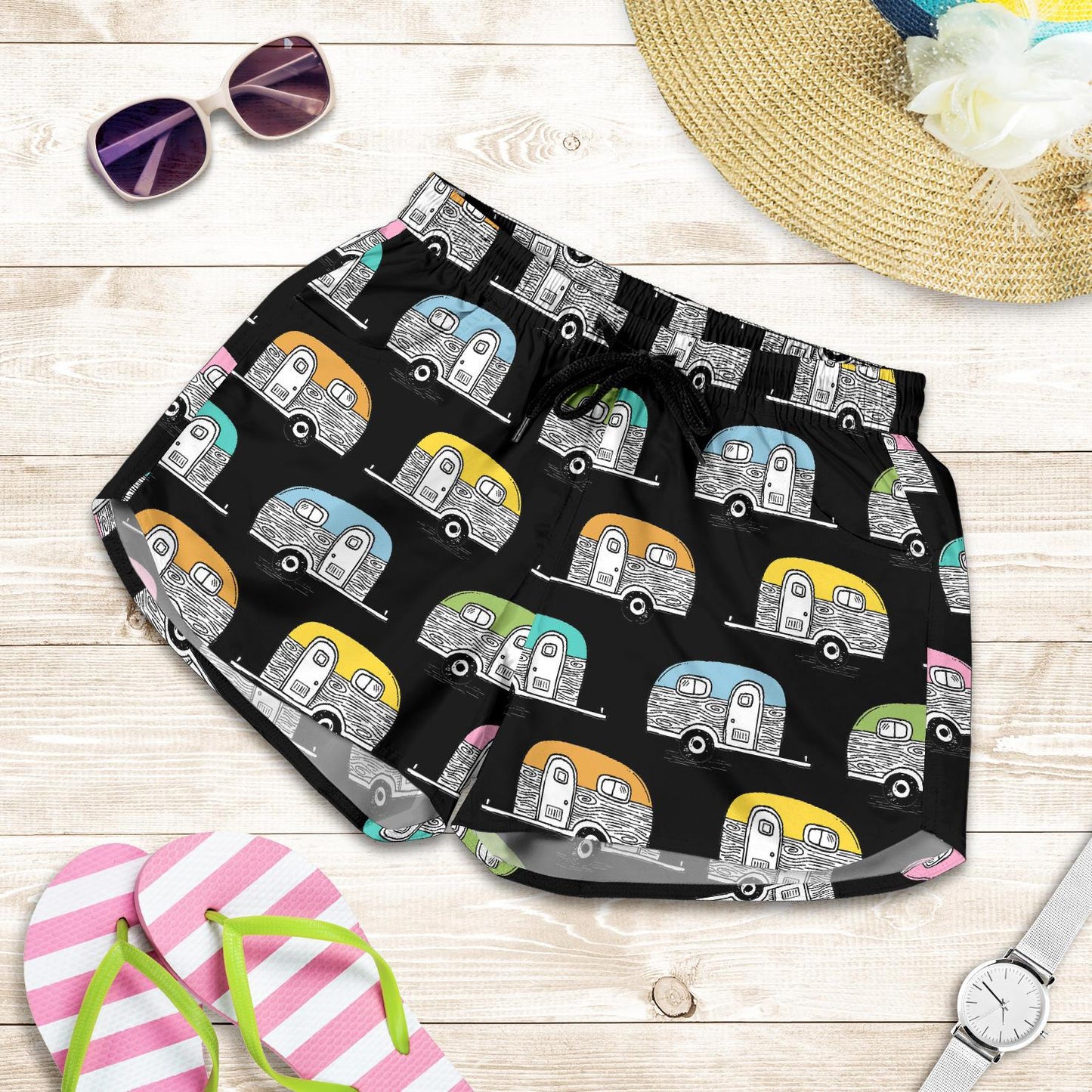 Camper Pattern Camping Themed No 2 Print Women Shorts-JTAMIGO.COM