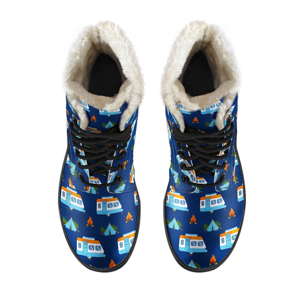 Camper Pattern Camping Themed No 3 Print Faux Fur Leather Boots-JTAMIGO.COM