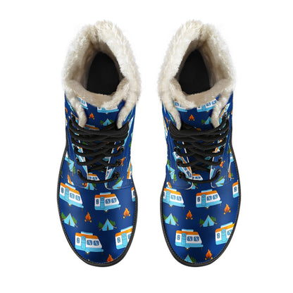 Camper Pattern Camping Themed No 3 Print Faux Fur Leather Boots-JTAMIGO.COM