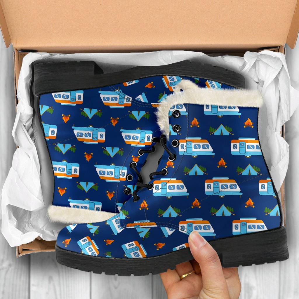 Camper Pattern Camping Themed No 3 Print Faux Fur Leather Boots-JTAMIGO.COM