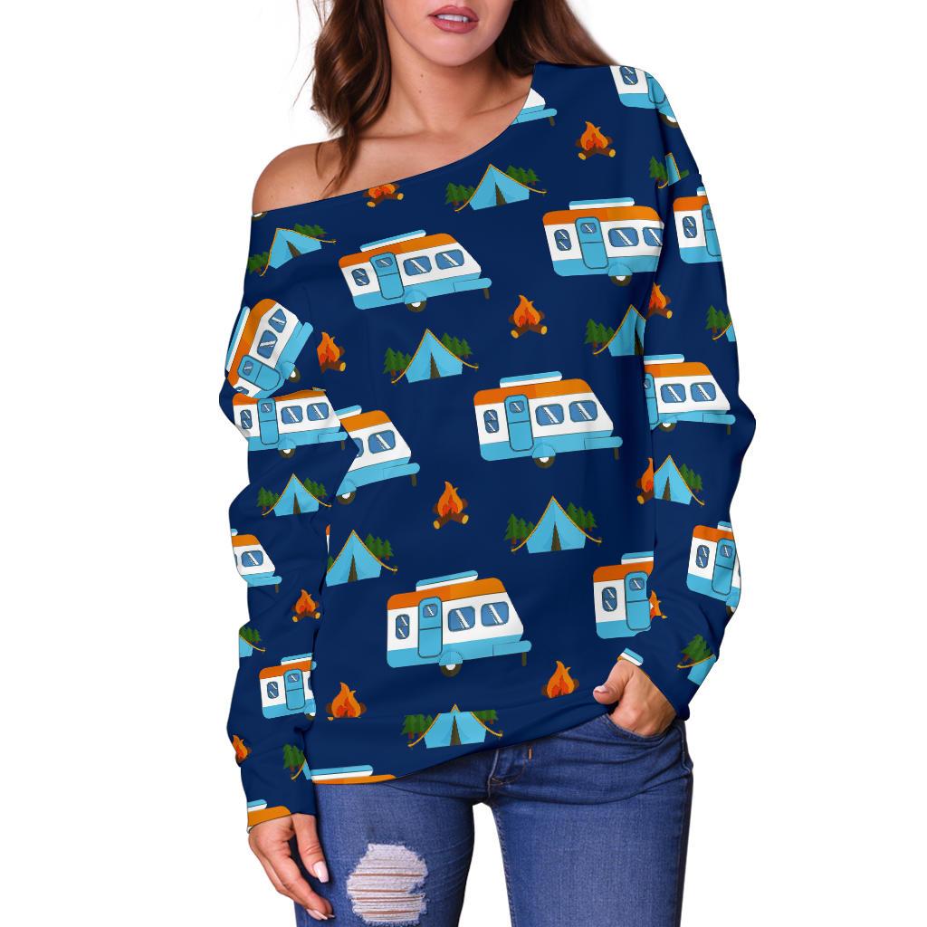 Camper Pattern Camping Themed No 3 Print Off Shoulder Sweatshirt
