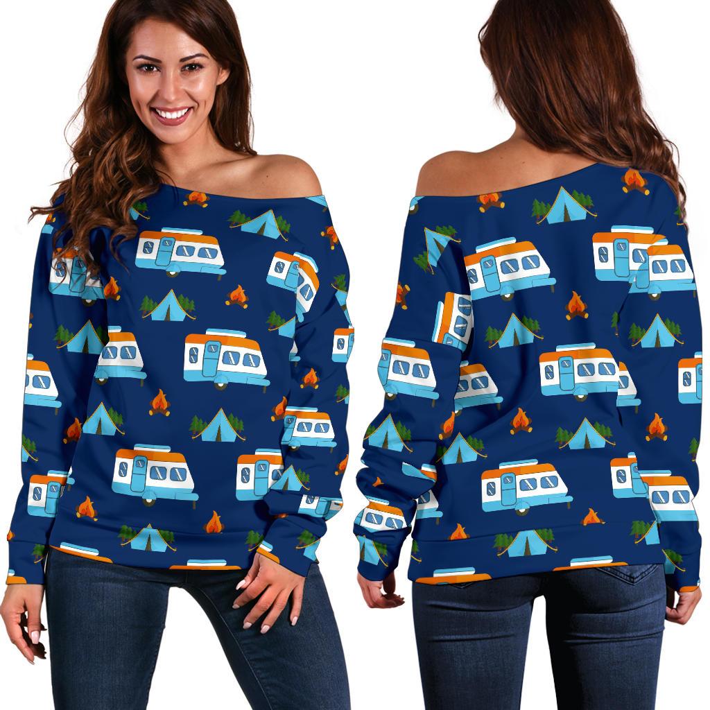 Camper Pattern Camping Themed No 3 Print Off Shoulder Sweatshirt