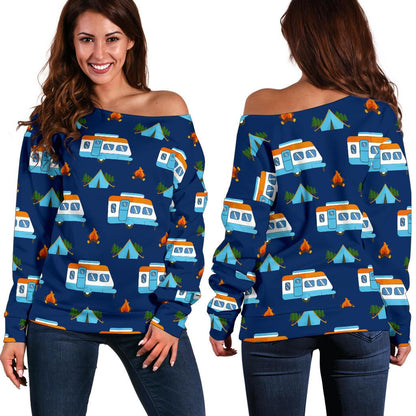 Camper Pattern Camping Themed No 3 Print Off Shoulder Sweatshirt