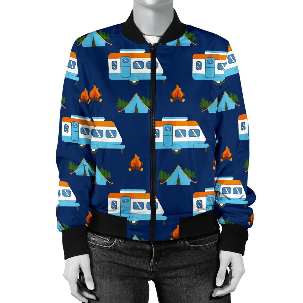 Camper Pattern Camping Themed No 3 Print Women Casual Bomber Jacket