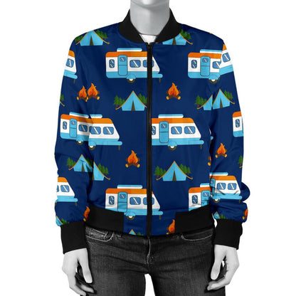 Camper Pattern Camping Themed No 3 Print Women Casual Bomber Jacket