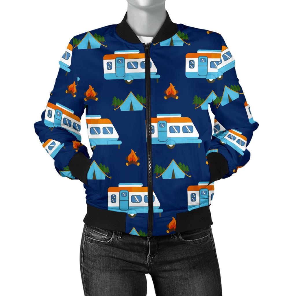 Camper Pattern Camping Themed No 3 Print Women Casual Bomber Jacket