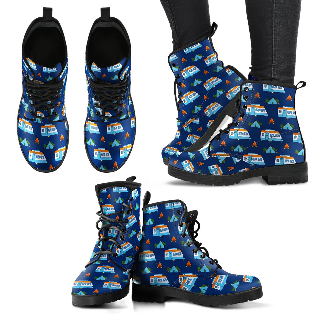 Camper Pattern Camping Themed No 3 Print Women Leather Boots-JTAMIGO.COM
