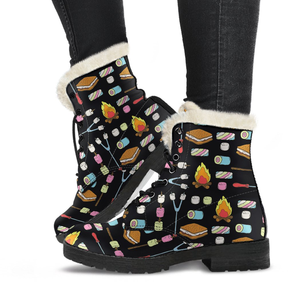 Camping Campfire Marshmallows Faux Fur Leather Boots-JTAMIGO.COM