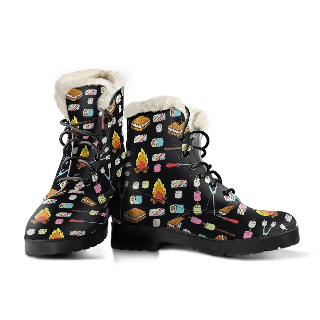 Camping Campfire Marshmallows Faux Fur Leather Boots-JTAMIGO.COM