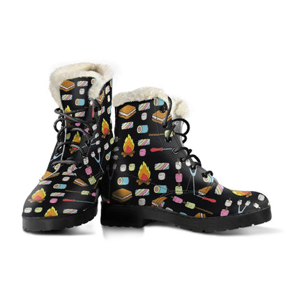 Camping Campfire Marshmallows Faux Fur Leather Boots-JTAMIGO.COM