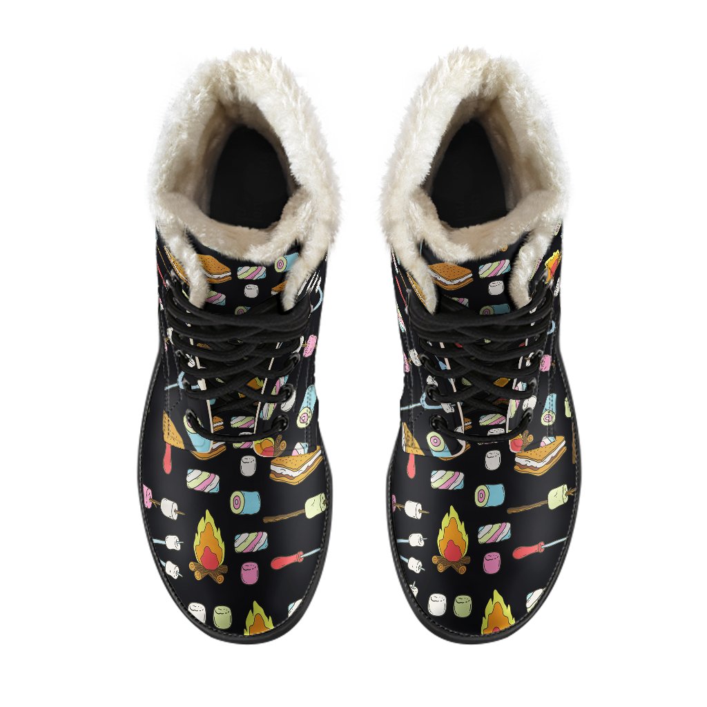 Camping Campfire Marshmallows Faux Fur Leather Boots-JTAMIGO.COM