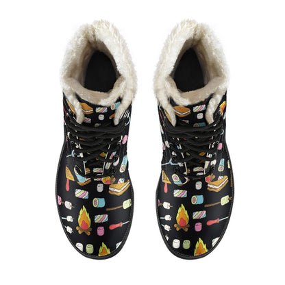 Camping Campfire Marshmallows Faux Fur Leather Boots-JTAMIGO.COM