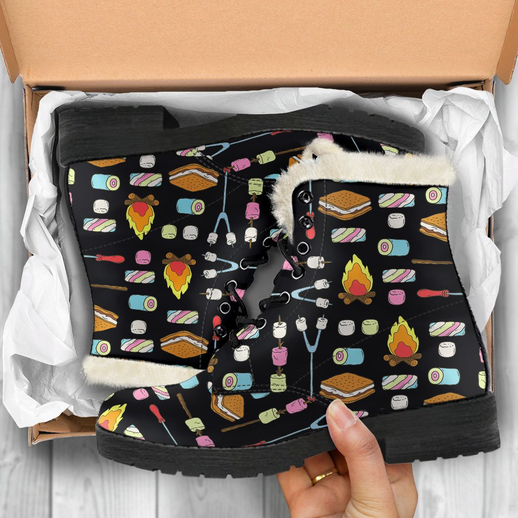 Camping Campfire Marshmallows Faux Fur Leather Boots-JTAMIGO.COM