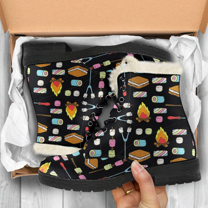 Camping Campfire Marshmallows Faux Fur Leather Boots-JTAMIGO.COM