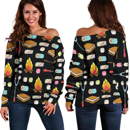 Camping Campfire Marshmallows Off Shoulder Sweatshirtw