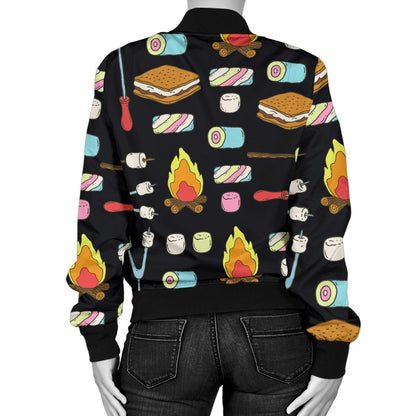 Camping Campfire Marshmallows Women Casual Bomber Jacket
