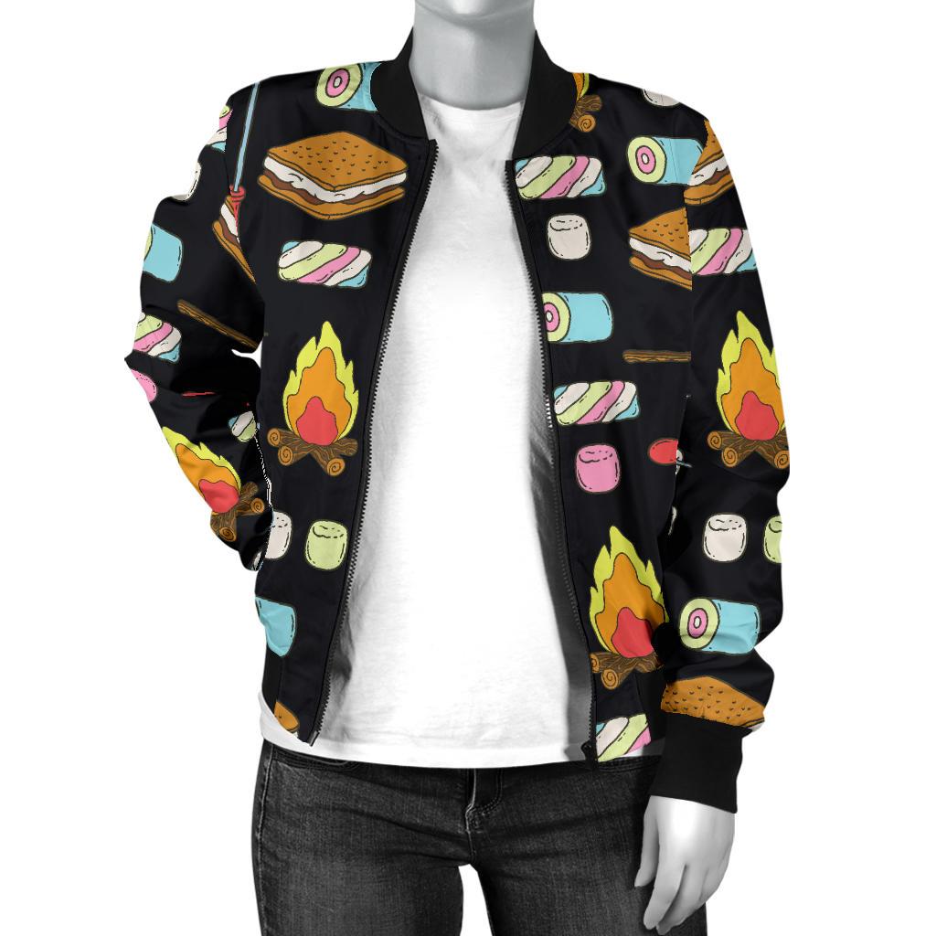 Camping Campfire Marshmallows Women Casual Bomber Jacket