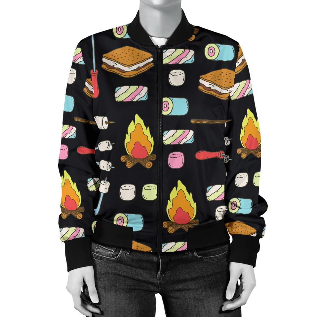 Camping Campfire Marshmallows Women Casual Bomber Jacket
