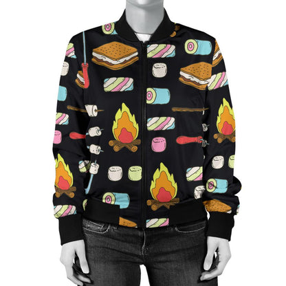 Camping Campfire Marshmallows Women Casual Bomber Jacket