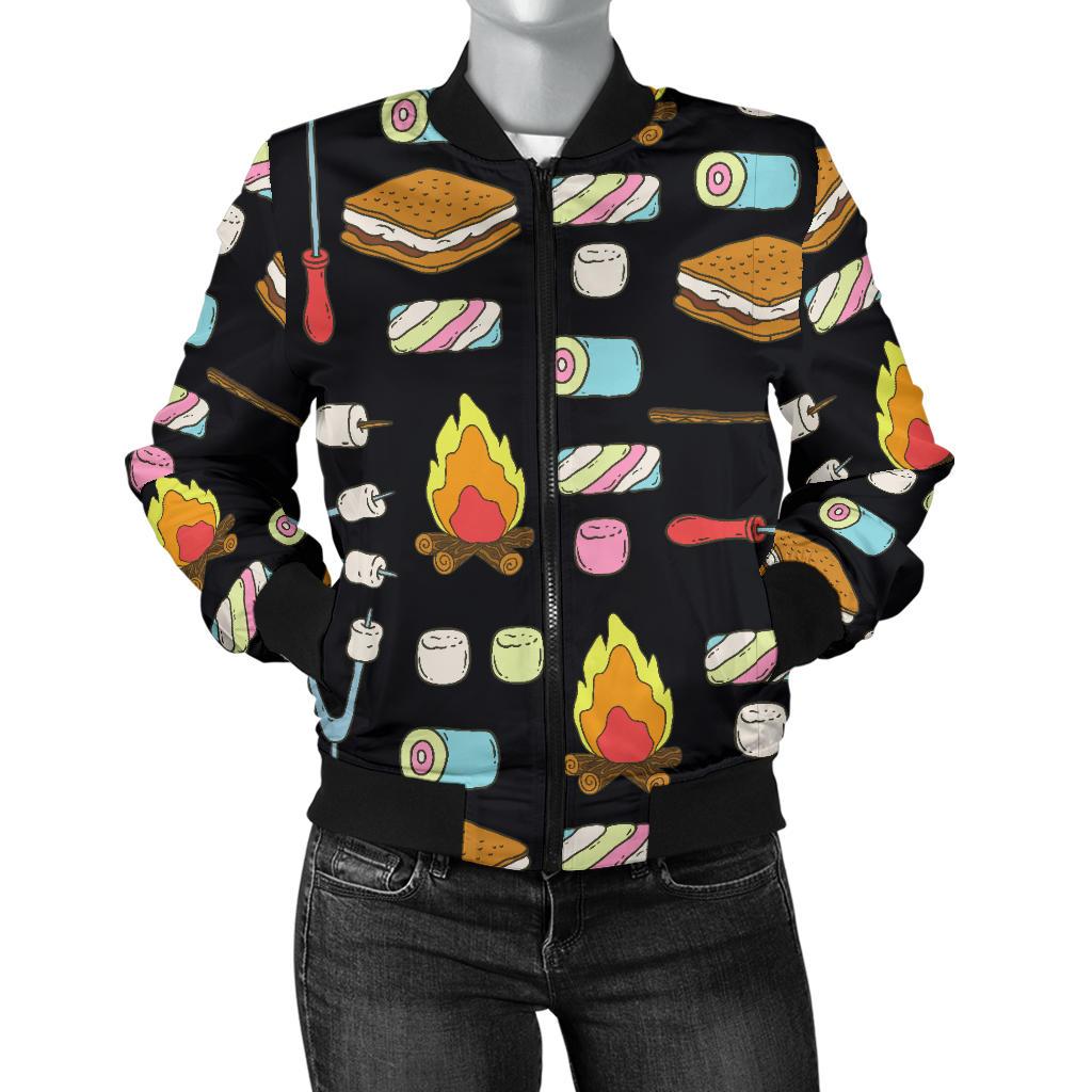 Camping Campfire Marshmallows Women Casual Bomber Jacket