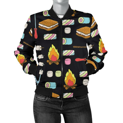Camping Campfire Marshmallows Women Casual Bomber Jacket