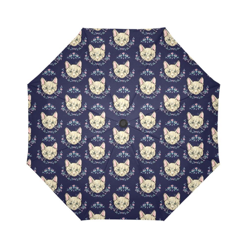 Cat Head with flower Print Pattern Automatic Foldable Umbrella