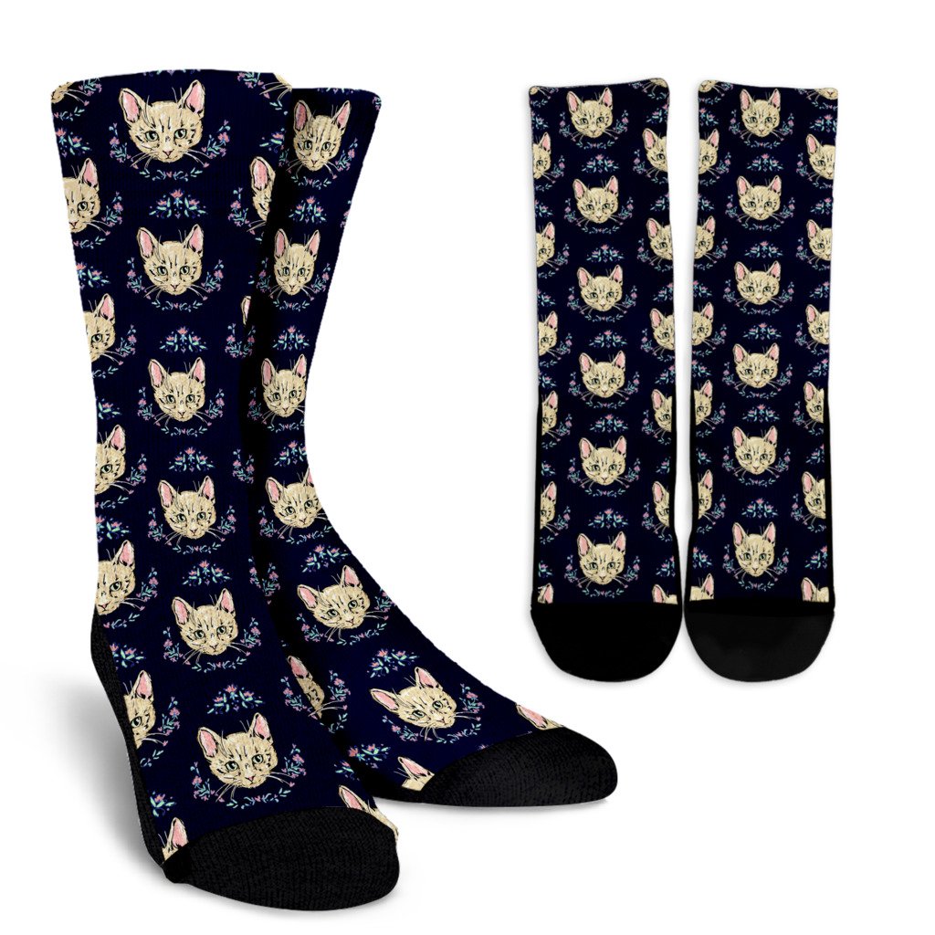 Cat Head with flower Print Pattern Crew Socks