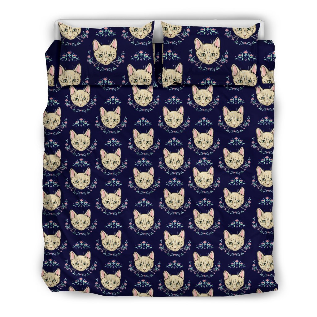 Cat Head With Flower Print Pattern Duvet Cover Bedding Set