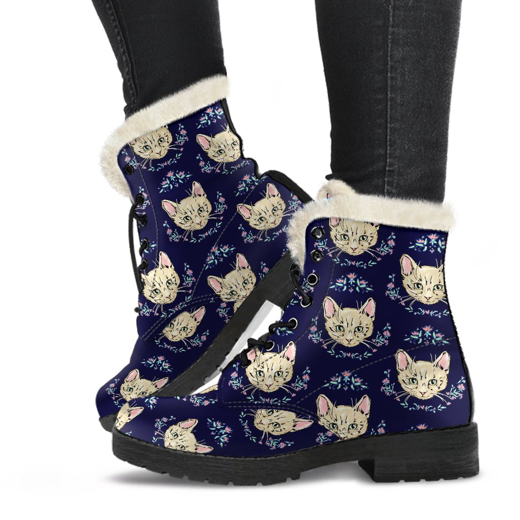 Cat Head with flower Print Pattern Faux Fur Leather Boots-JTAMIGO.COM