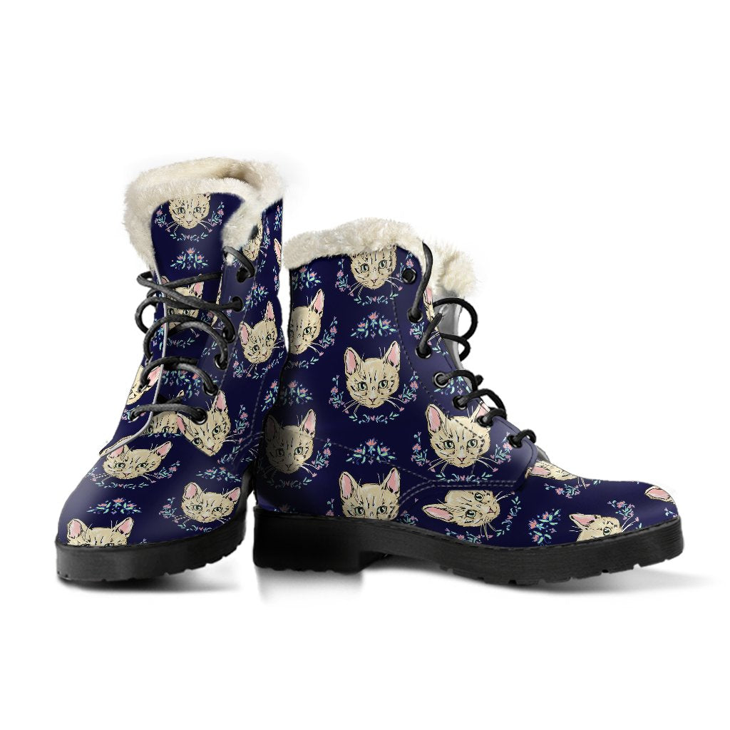 Cat Head with flower Print Pattern Faux Fur Leather Boots-JTAMIGO.COM