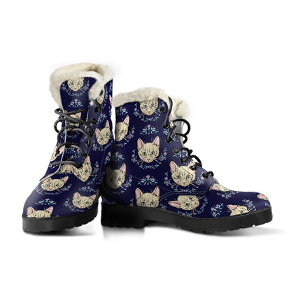 Cat Head with flower Print Pattern Faux Fur Leather Boots-JTAMIGO.COM