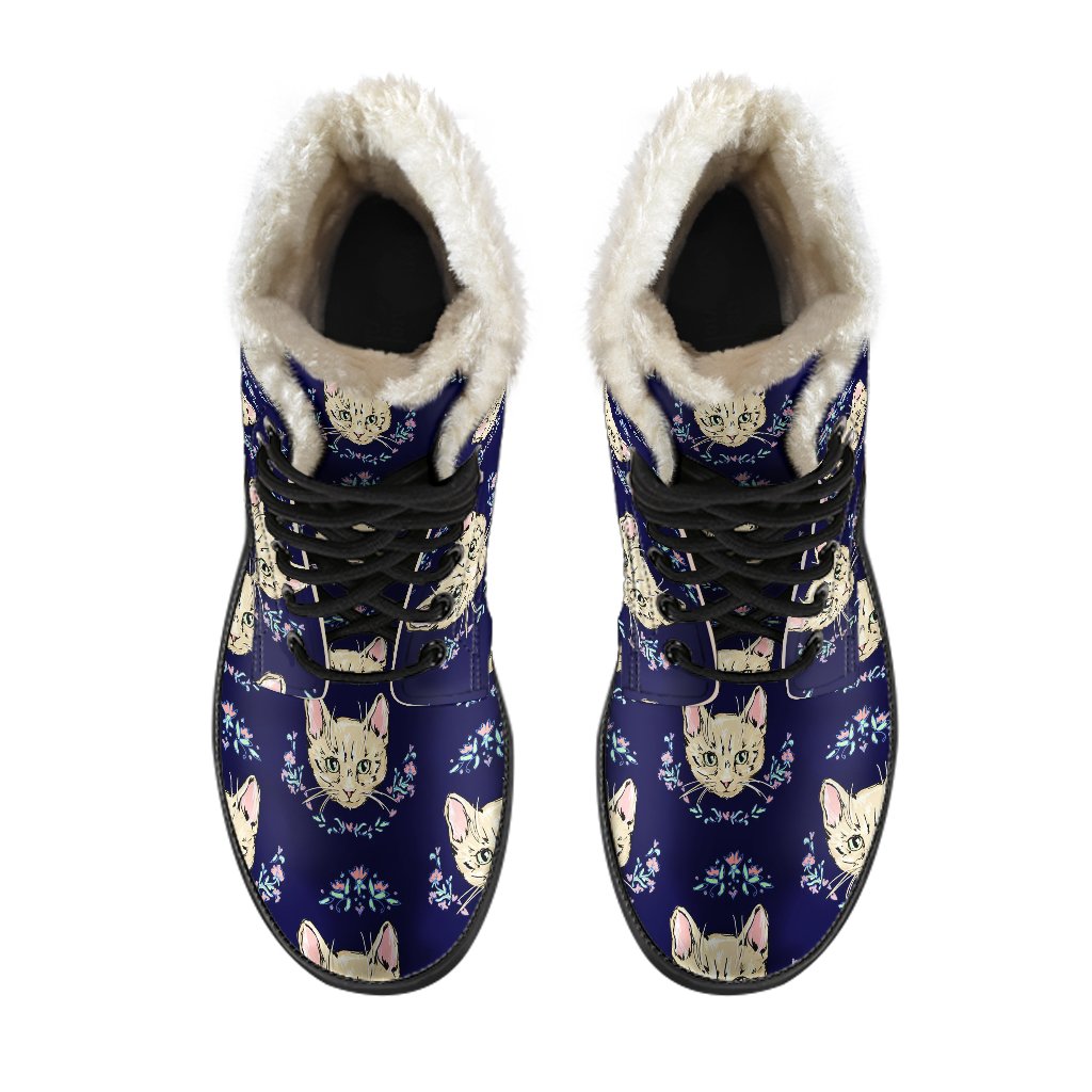 Cat Head with flower Print Pattern Faux Fur Leather Boots-JTAMIGO.COM