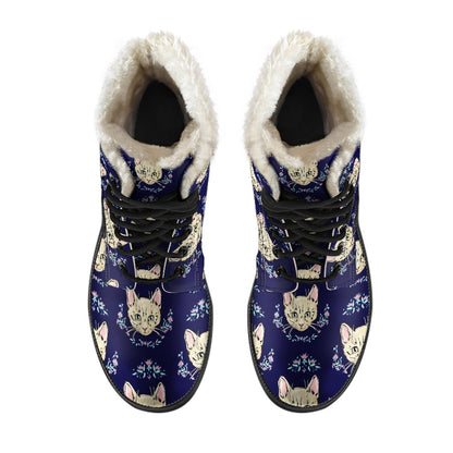 Cat Head with flower Print Pattern Faux Fur Leather Boots-JTAMIGO.COM