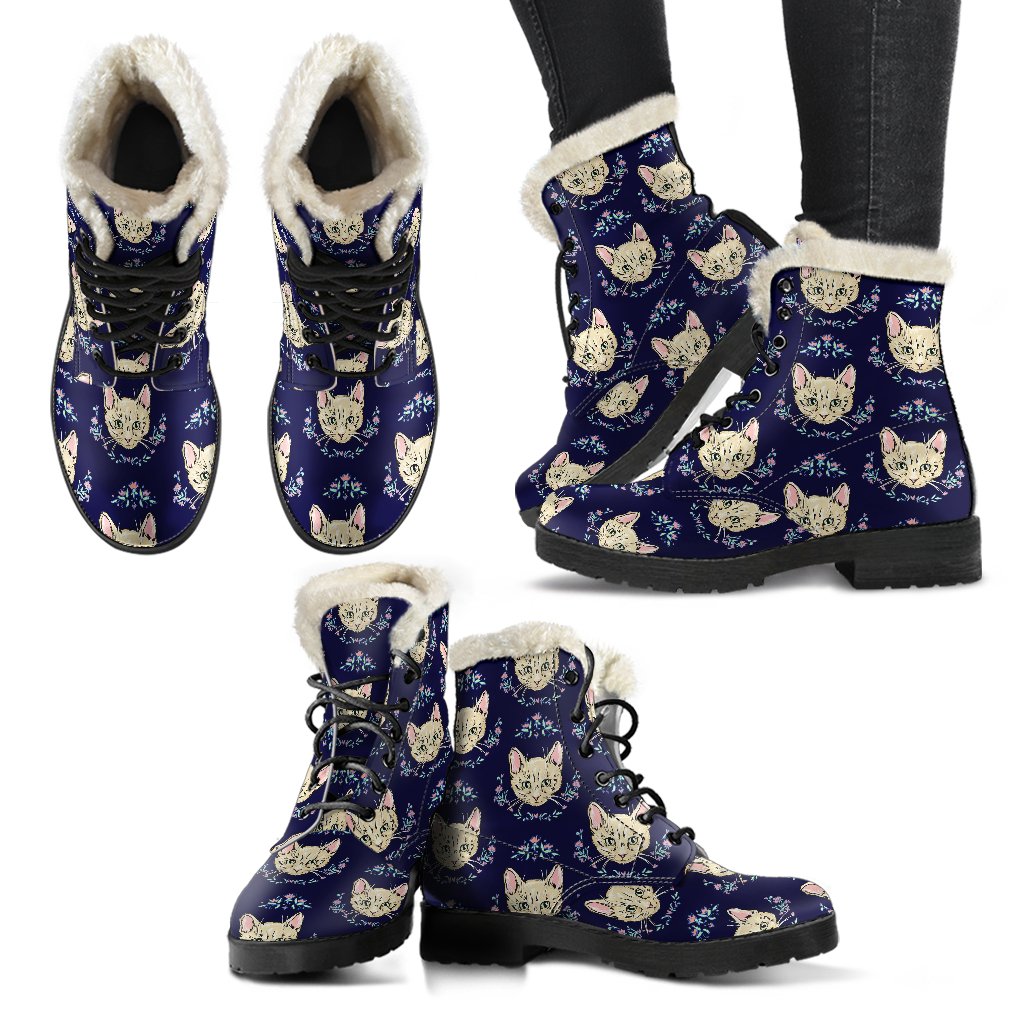 Cat Head with flower Print Pattern Faux Fur Leather Boots-JTAMIGO.COM