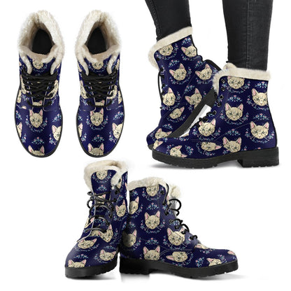 Cat Head with flower Print Pattern Faux Fur Leather Boots-JTAMIGO.COM