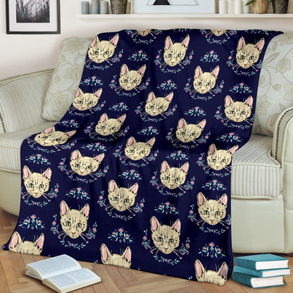 Cat Head With Flower Print Pattern Fleece Blanket