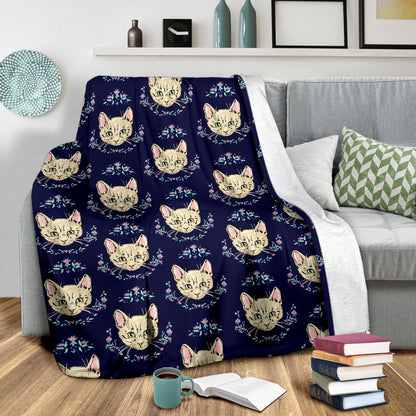 Cat Head With Flower Print Pattern Fleece Blanket