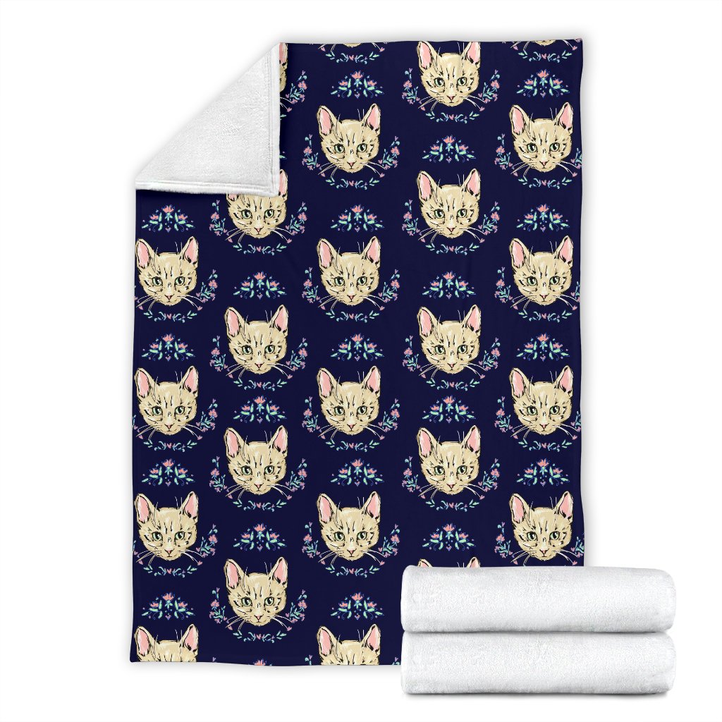 Cat Head With Flower Print Pattern Fleece Blanket