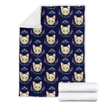 Cat Head With Flower Print Pattern Fleece Blanket