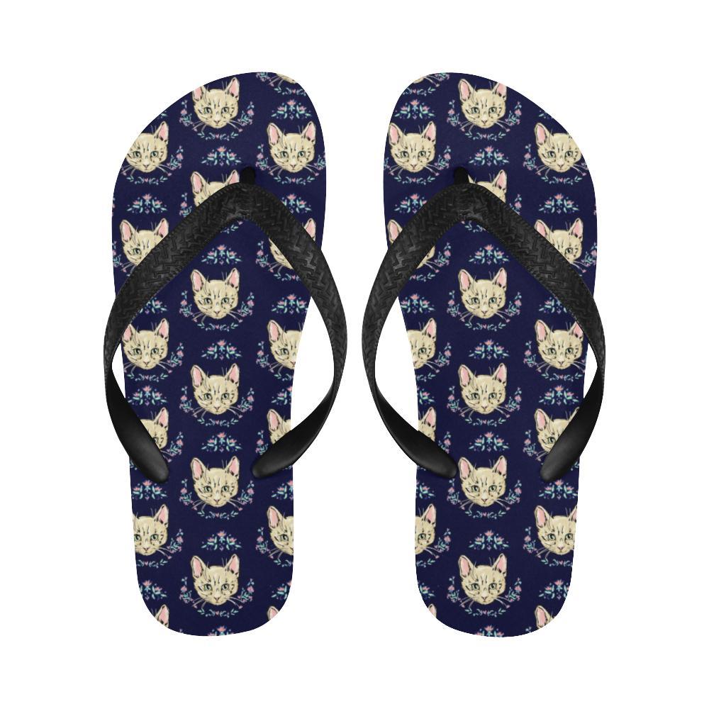 Cat Head with flower Print Pattern Flip Flops-JTAMIGO.COM