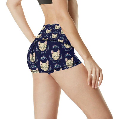 Cat Head with flower Print Pattern High Waisted Spandex Shorts-JTAMIGO.COM